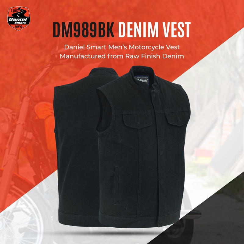 Daniel Smart Men Denim Vest Scoop Collar Motorcycle Vest for
