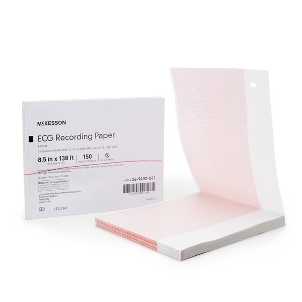 McKesson Papel de grabación ECG, papel térmico de rejilla roja, 8 1/2 pulgadas x 160 pies, 150 unidades, 1 paquete