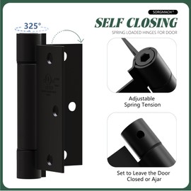 Self Closing Hinge 3.5 Inch Matte Black Auto Close Door Hinges Adjustable 3 1/2 Inch Spring Hinges 3 ½"x 3 ½" Door Closer Hinge Square Corner for Commercial Grade Auto Self-Closing UL Listed, 2 Pack