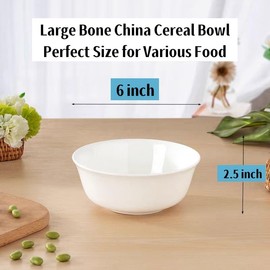 GRACIRI Large 20 oz White Fine Bone China Cereal Bowls, 6Inch Oversized Lightweight Porcelain Soup Salad Bowl Set of 6, Perfect Size for Oatmeal Pasta Rice Ice Cream Kitchen, Microwave Dishwasher Safe