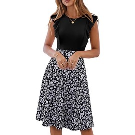 YATHON Women's Vintage Ruffle Floral Flared A Line Swing Casual Cocktail Party Dresses(YT001-Black Floral P44,L)