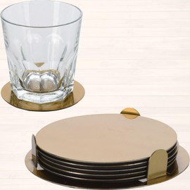 Coasters Set of 6 With Holder Silver - Gold Stainless Steel Cup Coasters Decor for Home Restaurants Dining Table By Envenzo (Gold)