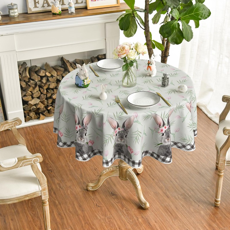 Horaldaily Easter Tablecloth 70×70 Inch Round, Flowers Bunny Buffalo Plaid