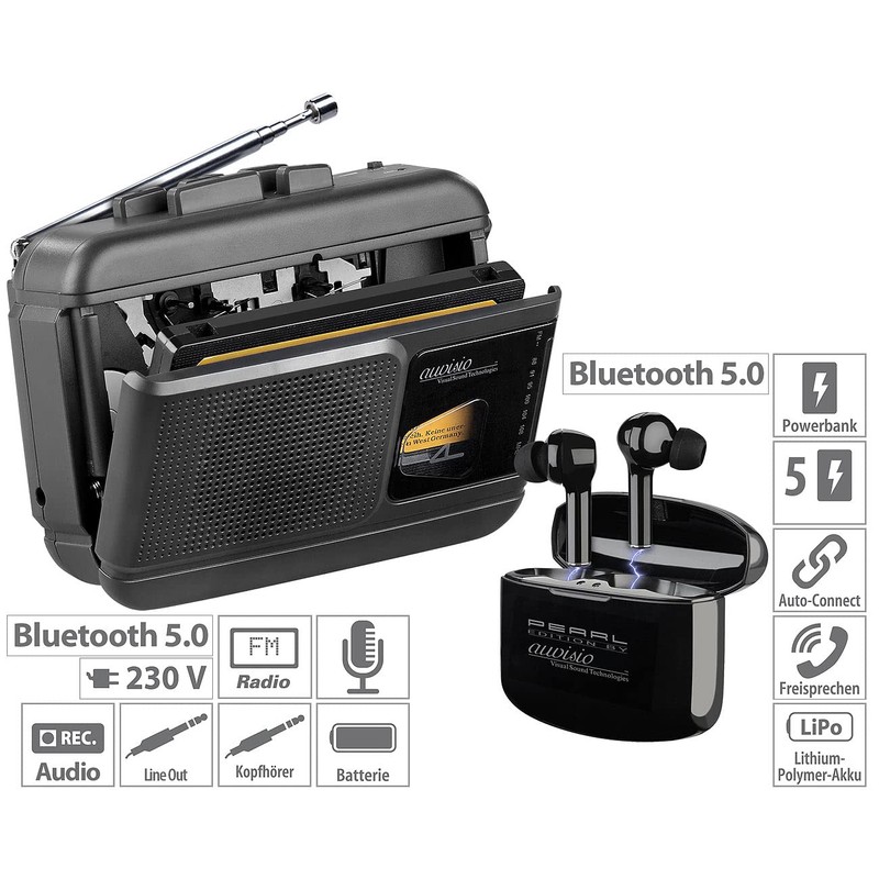 auvisio Voice Recorder: Mobile Cassette Player, Bluetooth Transmitter + In-Ear