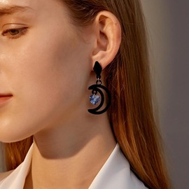 TseenYi Moon Earrings Black Crescent Moon Drop Earrings Heart Crystal Earrings Vintage CZ Drop Earrings Jewellery for Women and Girls Gifts, Alloy Steel Crystal