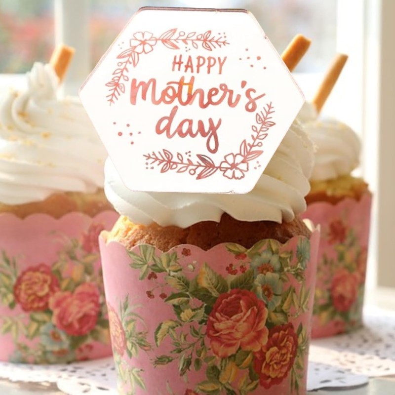 6x Mother's Day Acrylic Cupcake Toppers - Rose Gold Acrylic
