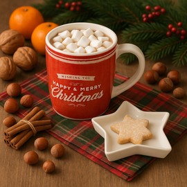 MIJOMA Porzellan Tassen Set mit Sternschale – Weihnachtstasse 350 ml mit Keks- oder Teebeutelablage – Geschenkset für Weihnachten (Rot – Merry Christmas)