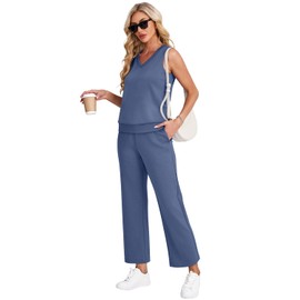 WIHOLL Summer Outfits for Women 2 Piece Set Wide Leg Pants Matching Sets Women Clothing Business Casual Travel Outfits Blue L