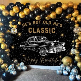 Sensfun 7x5ft Classic Car Birthday Backdrop Banner He's Not Old He's Classic 1950s Vintage Car Funny Man Shining Star Black Gold Nostalgia Photography Background Retro Car Birthday Party Decorations
