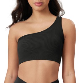 ODODOS Seamless One Shoulder Sports Bra for Women Ribbed Asymmetrical Non Padded Yoga Crop Tank Tops, Black, Large