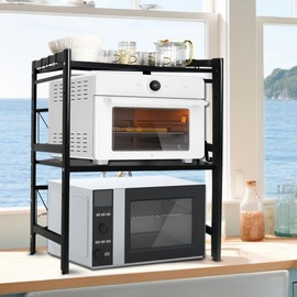 ifory 3-Tier Microwave Oven Rack, 15.7~23.6" Expandable Microwave Stand, Countertop Utensils Tableware Storage, Heavy Duty Carbon Steel Kitchen Organizer Shelf w/6 Hooks and Cutting Board Holder