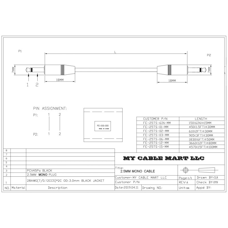 My Cable Mart 6inch 2.5mm SLIM MONO TS (2 conductor)