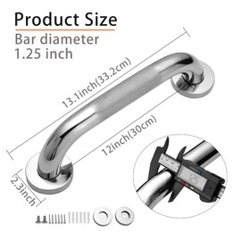 Rackickyer Shower Grab Bar, 2 Pack 12 Inch Bathroom Grab Bar, 1.25" Diameter 304 Stainless Steel Anti-Slip Grab Bars for Bathtubs and Showers, Handicap Shower Grab Bar for Seniors Elderly