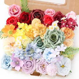 Muhanjia 38pcs Artificial Flowers Box Set, Silk Fake Flower for DIY Wedding Bridal Bouquet Corsage Centerpieces Decor Floral Arrangement Decor (Rainbow)