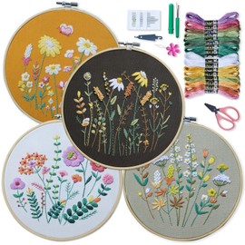 ETSPIL 4 Sets Embroidery Kit for Beginners ，Plant Kits for Adults Learn 33 Different Stitches，Includes Stamped Pattern, Easy to Follow Instruction & Video (Flower A4)