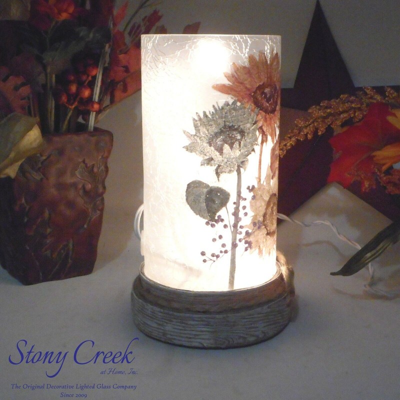 Stony Creek Decorative Lighted Glass Blue Natural Sunflowers 8" Hurricane