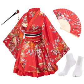 Japanese Anime Women's Dance Kimono Robe Fancy Dress Yukata Silk Folding Fans Tabi Hairstick Socks Set Red Large