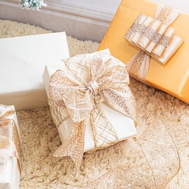 Mayreel Champagne Christmas Ribbon Wired 2.5" Champagne Gold Wired Ribbon for Christmas Tree Champagne Wired Ribbon for Wreaths, Tree Topper Bows, Crafts, Home Decor, Gift Wrapping, 6 Rolls 36 Yards