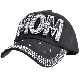 Elonmo Womens Bling Cap for Mothers Day, Rhinestone Baseball Cap, Bejeweled Mom Baseball Cap Golf Hat Adjustable (Black)