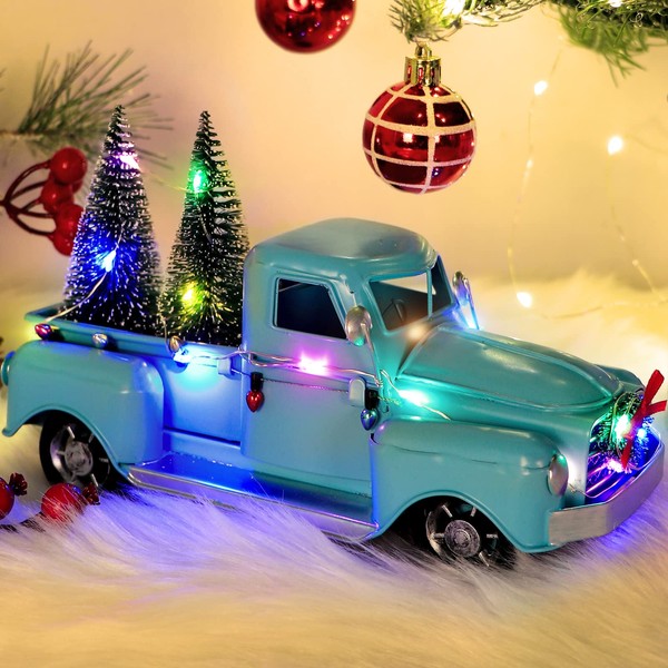 OurWarm Blue Christmas Truck, Little Blue Truck Christmas Decor with 2 Mini Christmas Trees and LED String Lights, Blue Metal Pickup Truck Car Model for Christmas Decorations Table Top Decor