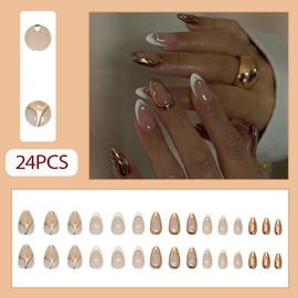 Hrnsnails Nail Press ons, Short Almond Press On Nails White French Tip Fake Nails with 3D Flashing Sun Temperament Manicure Design, Acrylic Artificial False Nails Press On Stick On Nails for Women