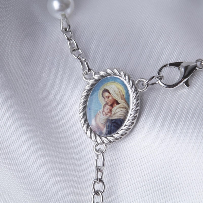 Mary and Jesus Car Rosary with Lobster Clip, Imitation Pearl