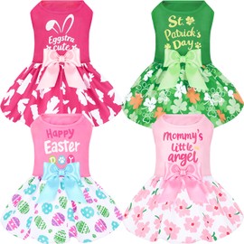 XPUDAC 4 Pack Mother's Day Dog Dress with Bowknot Cute Dog Clothes Puppy Skirt Bunny Egg Mommy Floral Holiday Pet Outfit for Girls, M