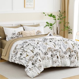 Yiran Khaki Floral Comforter Set King Size, 7 Piece Dandelion Botanical Plant Comforter Bedding Set, Bed in a Bag King, Soft Microfiber Complete Bedding Set with Sheets for All Season