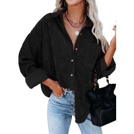 Dokotoo Womens Oversized Long Sleeve Button Up Pocket Shirts Ladies Loose Fit Corduroy Tunic Blouse Tops S Black