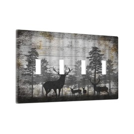 Wpshijia Rustic Deer Forest Vintage Wood Board Quad Toggle Boho Light Switch Covers Decorative Country Unique 4 Gang Wall Plate Electrical Faceplate Switchplate for Farmhouse Bedroom Decor