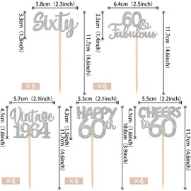 30 piezas de adornos para magdalenas de feliz cumpleaños 60 con purpurina, 60 piezas clásico de 1964, para 60 fabulosas decoraciones de pasteles para 60 cumpleaños, boda, aniversario, fiesta,