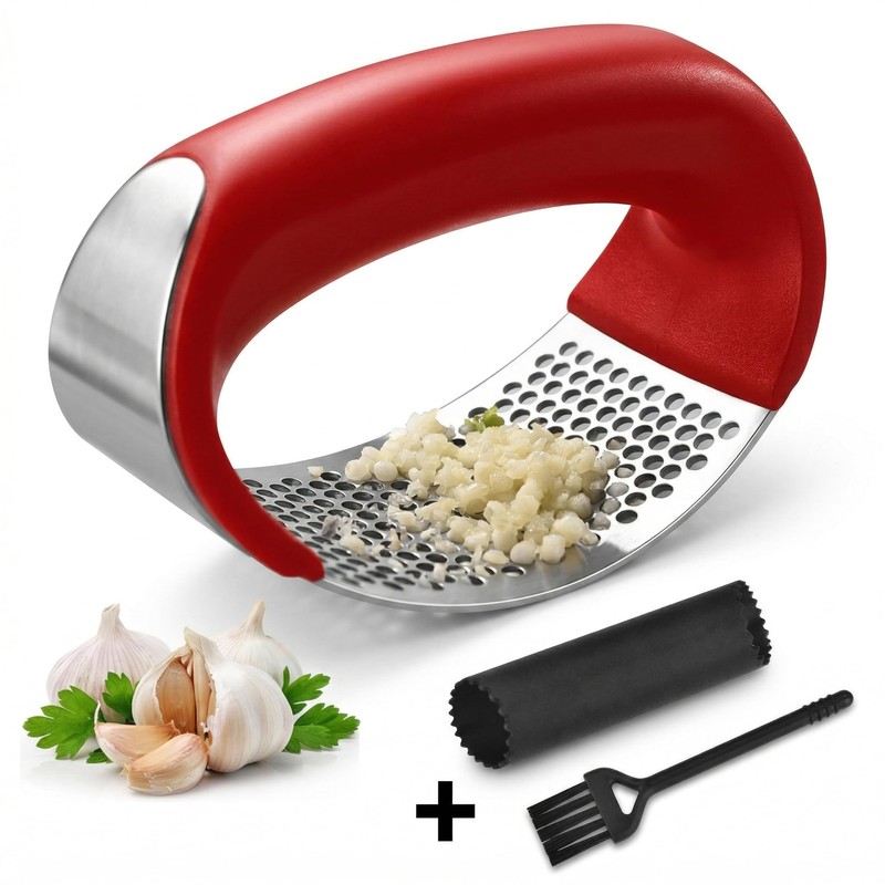 Garlic Squeezing Tool Stainless Steel Garlic Grinder with Peeler &