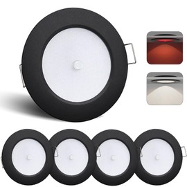 camperxlite 12V RV Bi-Color LED Puck Light, 3” 3W 5000K/Red Light, All Aluminum Recessed Mount Down Light Integral Switch for Motorhome Boat Interior Ceiling Under Cabinet Lighting, 4 Pack (Black)