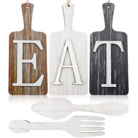 5 Pieces 15 x 6 Inch Cutting Board Eat Sign Set Fork and Spoon Wall Decor Hanging Wood Eat Signs Kitchen Decor Rustic Primitive Country Farmhouse Kitchen Decor for Home Kitchen Decor