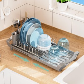 SOVGIZF Expandable Dish Drying Rack for Sink or Countertop – Compact Stainless Steel Dish Drainer with Removable Utensil Holder, Rustproof Plate Rack for Small Kitchen Spaces, Grey