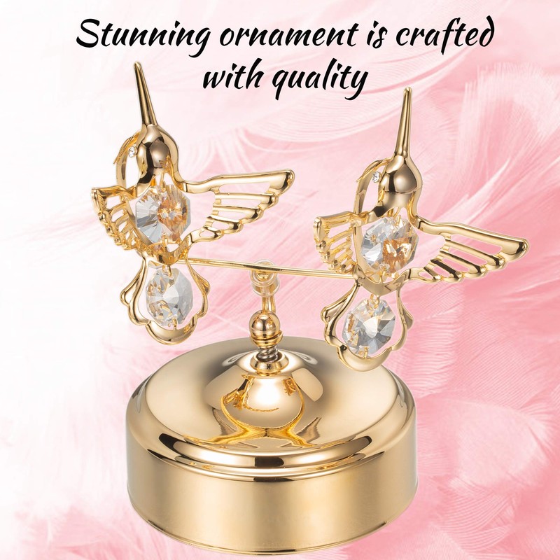 24K Gold Plated Music Box with Two Crystal Studded Hummingbirds