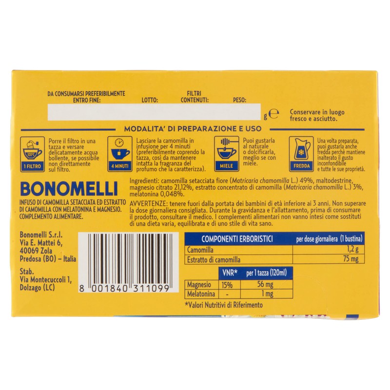 Bonomelli Camomilla Setacciata con Melatonina e Magnesio 14 Bustine, Contro