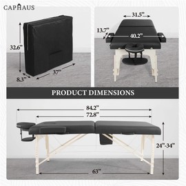 CAPHAUS Premium Memory Foam Massage Table, 84 Inch Foldable & Portable Massage Bed, Height Adjustable Spa Bed, Facial Cradle Salon Bed Wooden Legs & Carry Case, 32 Inch Wide, Black