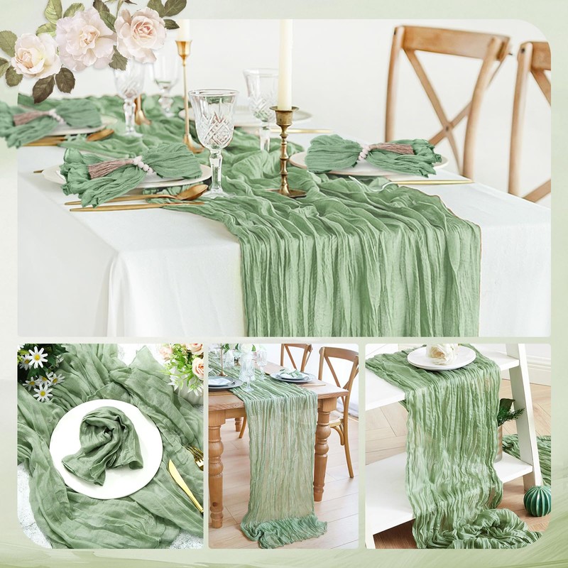 eZAKKA Sage Green Cheesecloth Table Runner, Gauze Boho Rustic Table