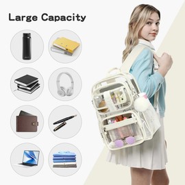 Cusangel Clear Large Backpack for School,16in Heavy Duty Clear BookBag,TPU Large Capacity See Through Backpack for Stadiums,Concerts,Plastic transparente para mujer for 8Age+ Boys Girls(Beige)