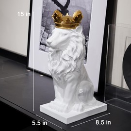 LC LCdecohome Sculptures Home Décor Lion Statue – 15 Inch White Lion Decorations for Home Lion Statues White Décor Gift for Man Lion Figurine with Crown Decoration for Living Room 8.5 * 5.5 * 15 Inch