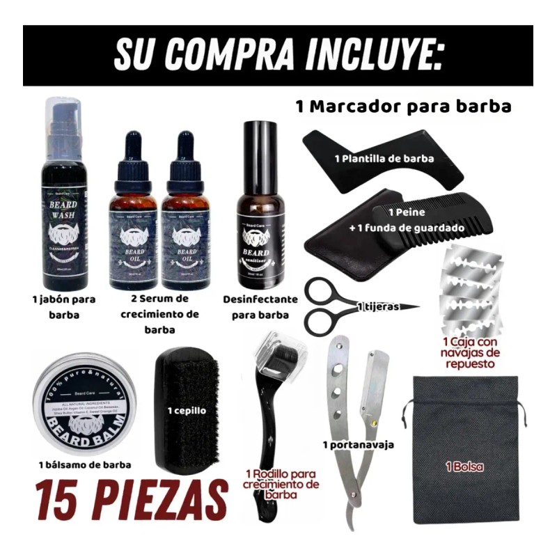 Set 15 Accesorios Barba Y Aseo Masculino Todo En Uno