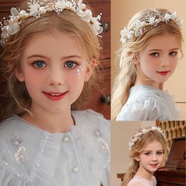2 Pieces Wedding Flower Girl Headpiece Bridal Hair Vines Princess Hair Accessory Floral Girl Headband Rhinestone Pearl Headband for Women Girls Communion Wedding Prom Photography