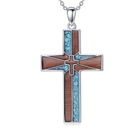 Lypic Turquoise Cross Necklace 925 Sterling Silver Wooden Cross Necklace for Women Christian Jewelry Meaningful Religious Gifts