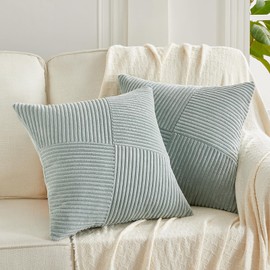 FDTERN Set of 2 Grey Blue Boho Decorative Cushion Covers 45 x 45 cm with Diagonal Striped Pattern Soft Corduroy Cushion Cover Decorative Cushion Covers Sofa Cushion Decorative Cushion Decoration for