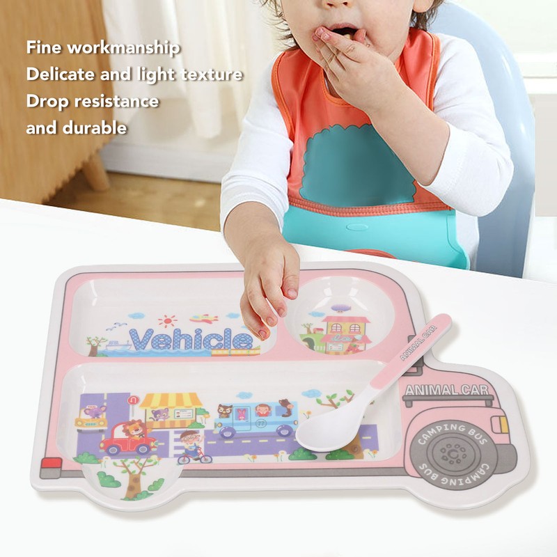 Kids Dinner Plate with Spoon Bamboo Fiber Divided Plates Cartoon