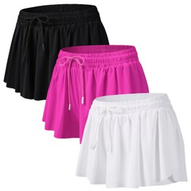 3 Pack Flowy Athletic Shorts for Women Running Tennis Butterfly Shorts Girls 2 in 1 Quick-Dry Comfy Skorts L Black White Rose