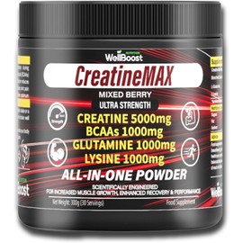 WellBoost Creatine MAX Powder – Polvo de Creatina 5000mg y 1000mg BCAAs para Fuerza, Recuperación y Resistencia | Sin Azúcar, Sabor Mixed Berry (300g)