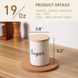 Magclay Ceramic Sugar Container With Lid, 19 Oz Small Jar, Food Storage Canister, White With Black Text