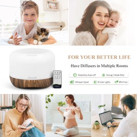 Aromatherapy Essential Oil Diffuser for Room: 500ml Oil Diffuser Colorful Aroma Air Humidifier with Adjustable Cool Mist Mode, Waterless Auto Off Ultrasonic Diffusers for Large Room Home Office(Brown)